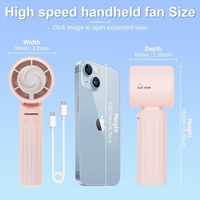 LIVAVIVA Handheld fan, adjustable blowing angle, mini portable turbo fan, USB Type-C rechargeable, infinitely variable speed high-speed personal fan, 11 Hours Battery Life (Pink)