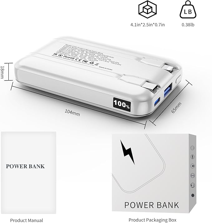 2 Pack 10000mAh 22.5W Fast Charging Power Bank-Slim Portable Charger with Built-in Cords, USB C in&Out, 2 Outputs 2 Inputs, LED Display for iPhone 17-12, Samsung, Android (White&Black)
