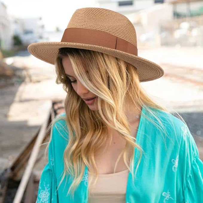 DRESHOW Women Straw Panama Hat Travel Fedora Beach Sun Hat Summer Wide Brim Straw Roll up Hat UPF 50+