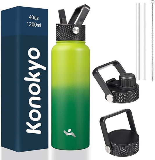 40oz Insulated Water Bottle Stainless Steel Sport Bottles with 3 Lids,Bamboo Grove