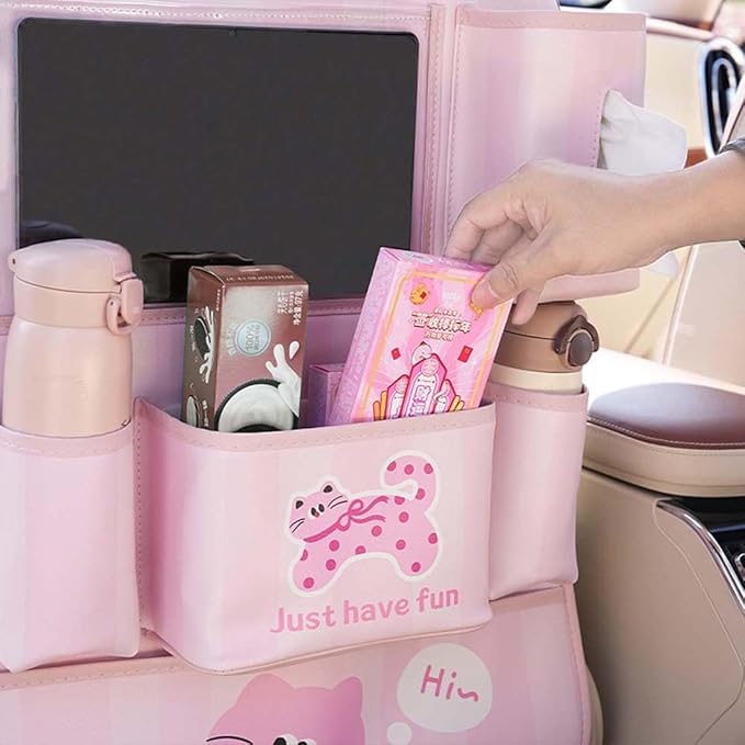 YUNZLAN Leather Backseat Car Organizer, Kick Mats Back Seat Protector with Touch Screen Tablet Holder Back Seat Organizer for Kids with 4 Storage Pockets Travel Accessories (PinkPinkCat)