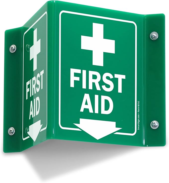 SmartSign "First Aid" Two-Sided V-Shaped Projecting Sign with Down Arrow and Symbol, 6 x 5 inch, 120 mil Polished Acrylic, Green/White, Made in USA