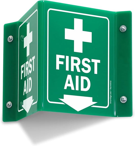 SmartSign "First Aid" Two-Sided V-Shaped Projecting Sign with Down Arrow and Symbol, 6 x 5 inch, 120 mil Polished Acrylic, Green/White, Made in USA