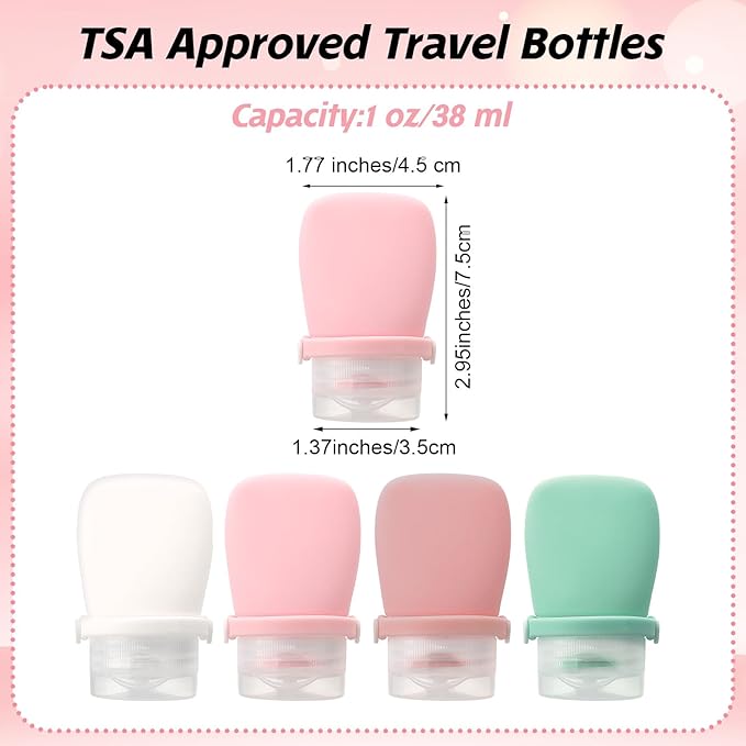4pcs Travel Bottles for Toiletries Silicone Squeezes Bottle Leak Proof Travel Size Containers Shampoo Conditioner Liquid Body Wash Lotion Small 1oz