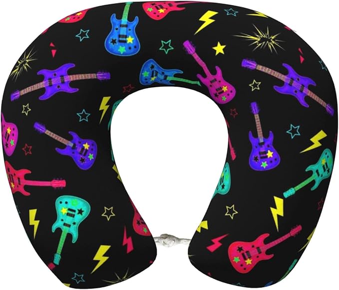 Breathable Neck Pillow for Sleeping Rest Nap Trippy Neon Electric Guitars, Airplanes/Car/Home Memory Foam Travel Cushion with Polyester Cover Washable for Women Men