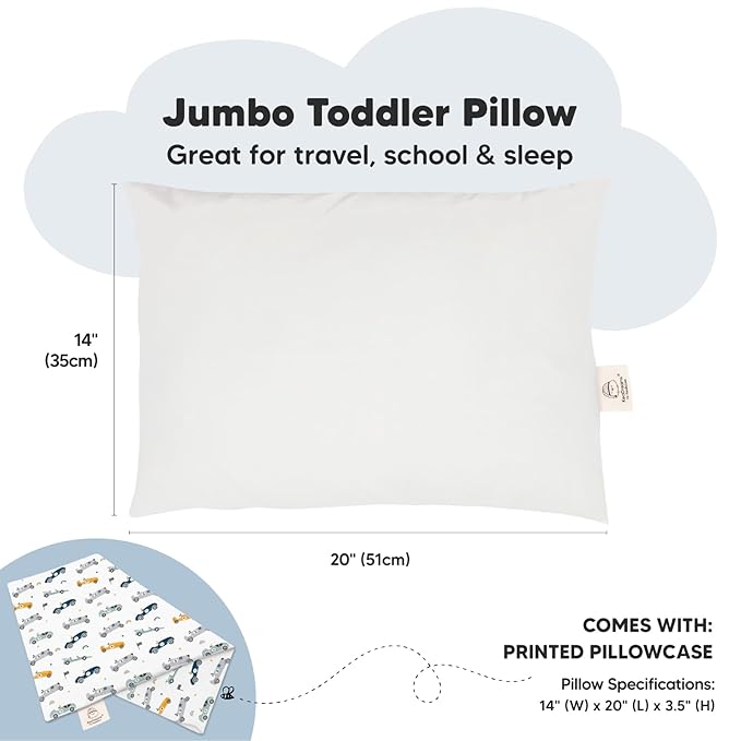 KeaBabies Toddler Pillow with Pillowcase, Jumbo 14X20 - Soft Organic Cotton Toddler Pillows for Sleeping - Machine Washable - Perfect for Travel, Toddler Bed Set (Racecars)