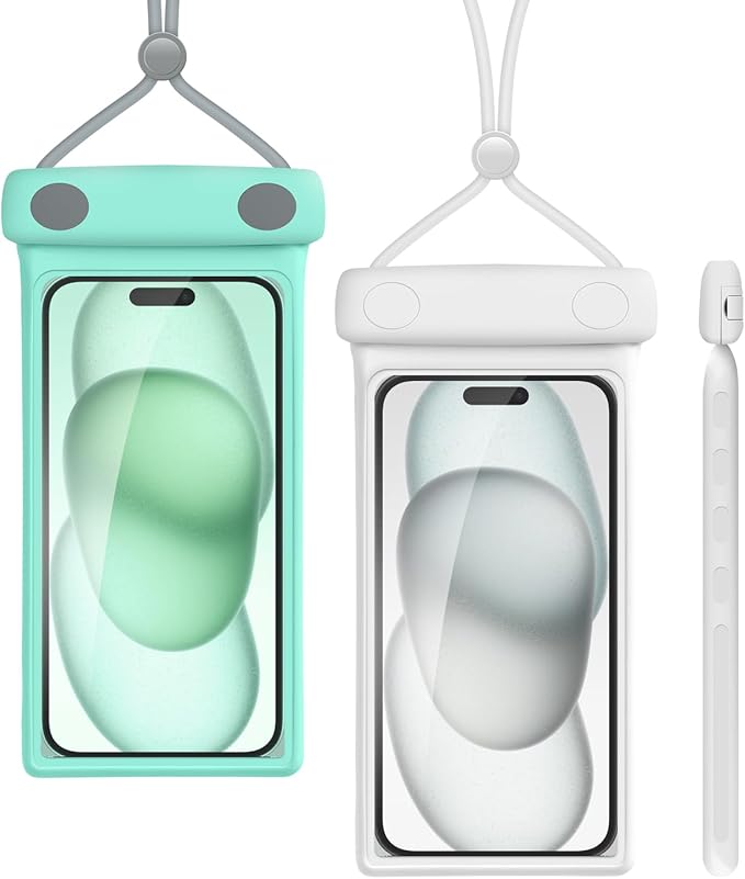 wellhouse Waterproof Phone Pouch, Waterproof Phone Case for iPhone 16 15 14 13 12 Pro Max XS Samsung, IPX8 3D Cellphone Dry Bag Beach Essentials (2 Pack - Duke Green & White7.0, 7 inch)
