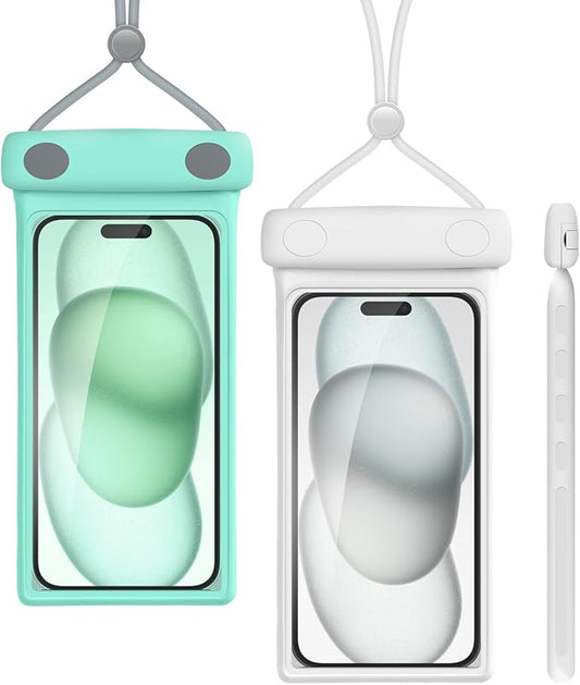 wellhouse Waterproof Phone Pouch, Waterproof Phone Case for iPhone 16 15 14 13 12 Pro Max XS Samsung, IPX8 3D Cellphone Dry Bag Beach Essentials (2 Pack - Duke Green & White7.0, 7 inch)
