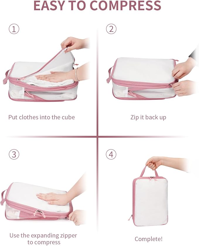 ECOHUB 6 Set Compression Packing Cubes, Gifts for Women Mom, Lightweight Vacation Travel Essentials Accessories for Suitcase Luggage Organizer Bags Set with YKK Zippers Shoe Bag, Pink