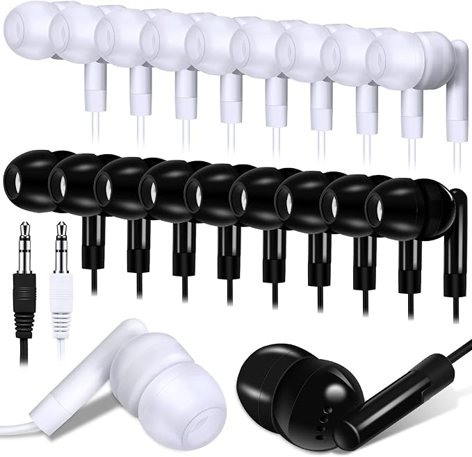 Kanayu 100 Packs Earbuds Bulk Basic Student Earphone Individually Bagged 3.5 mm Headphones for Schools Classrooms Library Teens Gift(Black, White)