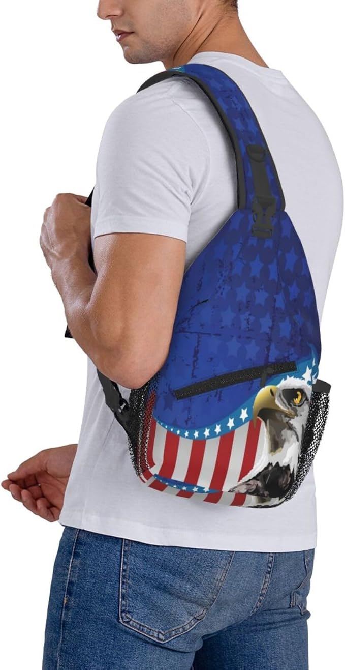 Bald Eagle American Flag Sling Bag Multipurpose Crossbody Sling Backpack Travel Cycling Hiking Shoulder Bag For Women Men
