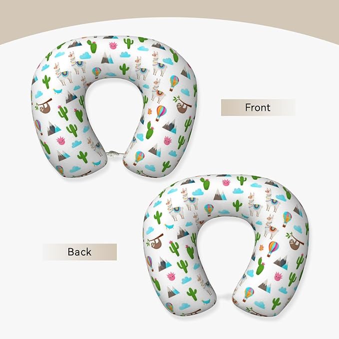 Travel Neck Pillows for Sleeping Rest Car Airplanes Sloth Llamas Cactus Pattern White, Memory Foam with Removable Breathable Zipper Cover Washable for Men Women