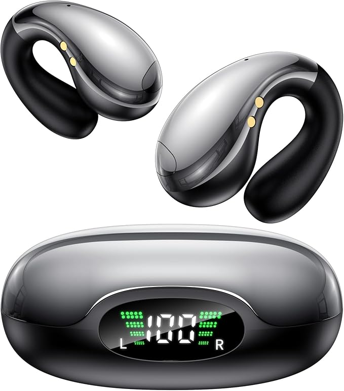 Ultra Open Ear Earbuds - Ergonomic Clip-On Earbuds, Bone Conduction Over-The-Ear Headphones with Waterproof Design and Secure Fit for Small Ears, Crystal Black