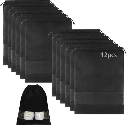 12pcs Non-woven Shoe Bags for Travel 12.6" X 17.3" Portable Shoe Bags with Clear Window, Large Drawstring Dustproof Travel Shoe Storage Bag for Men & Women, Black,XL Size