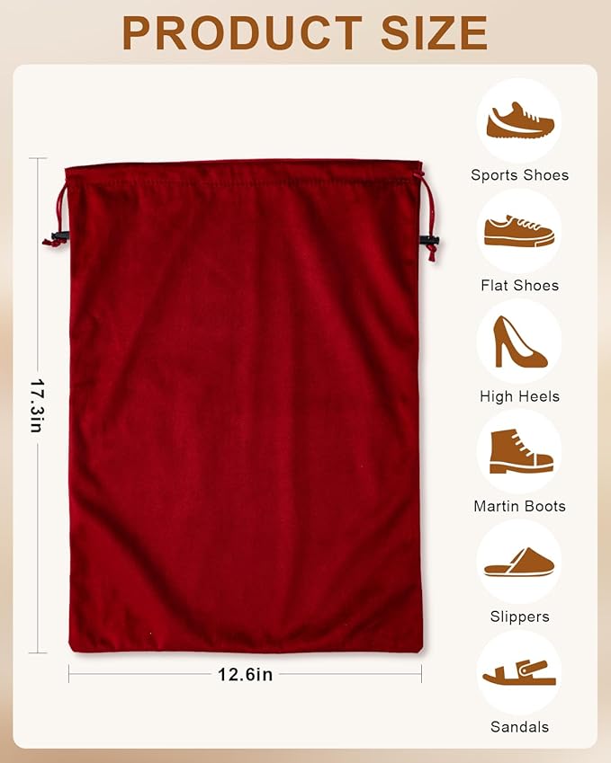 FantasyLife Shoe Bags for Travel, Washable Dust Bags for Storage & Packing, Flannel Shoe Pouch with Drawstring Closure for Purses, Handbags, Shoes & Toys (2, Rio Red)