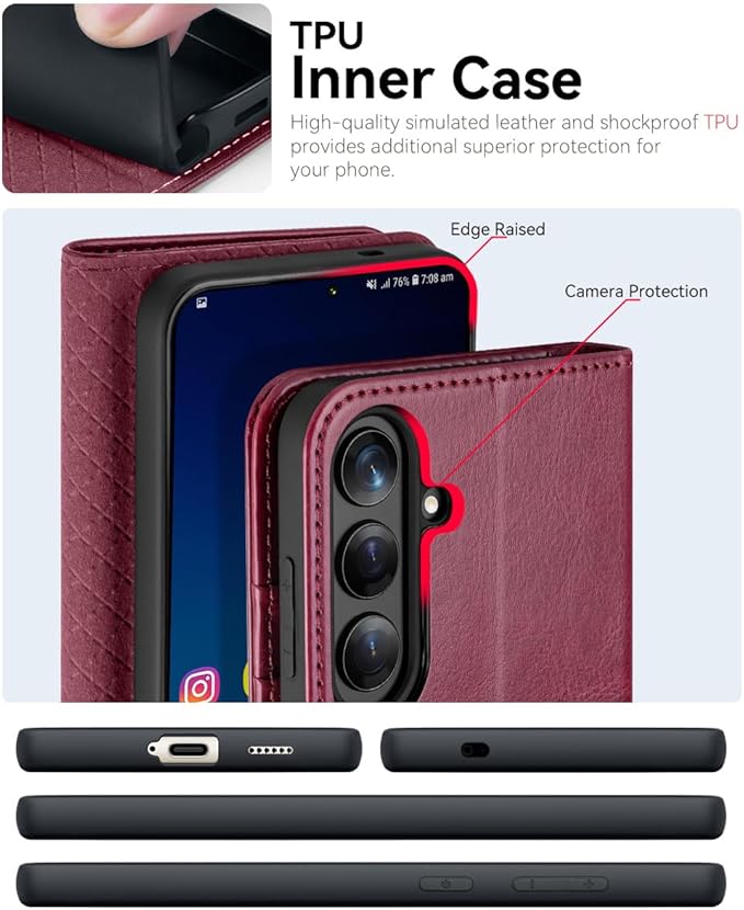 OCASE Compatible with Galaxy S25 Wallet Case, PU Leather Flip Folio Case with Card Holders RFID Blocking Kickstand [Shockproof TPU Inner Shell] Protective Phone Cover 6.2 Inch 2025, Burgundy