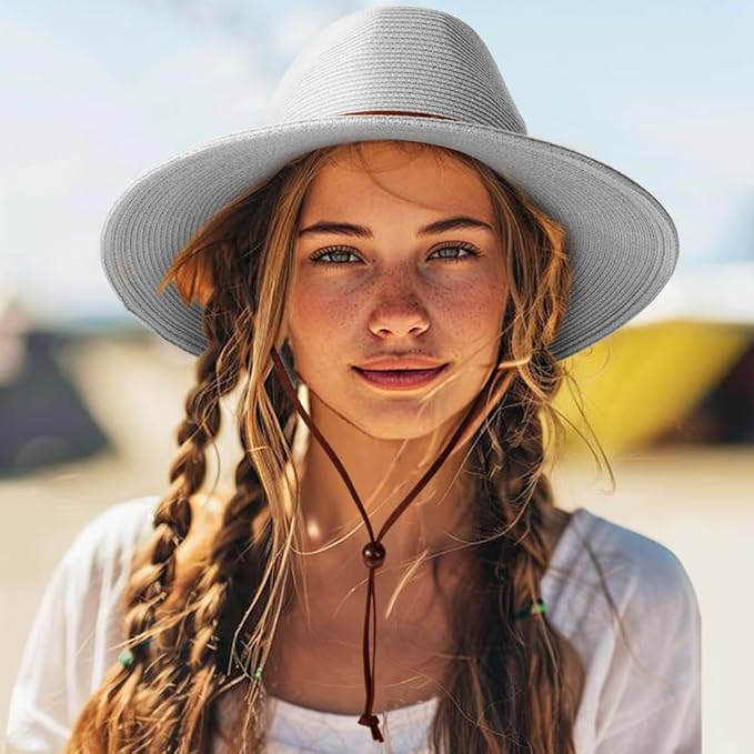 DRESHOW Women Straw Panama Hat Travel Fedora Beach Sun Hat Summer Wide Brim Straw Roll up Hat UPF 50+