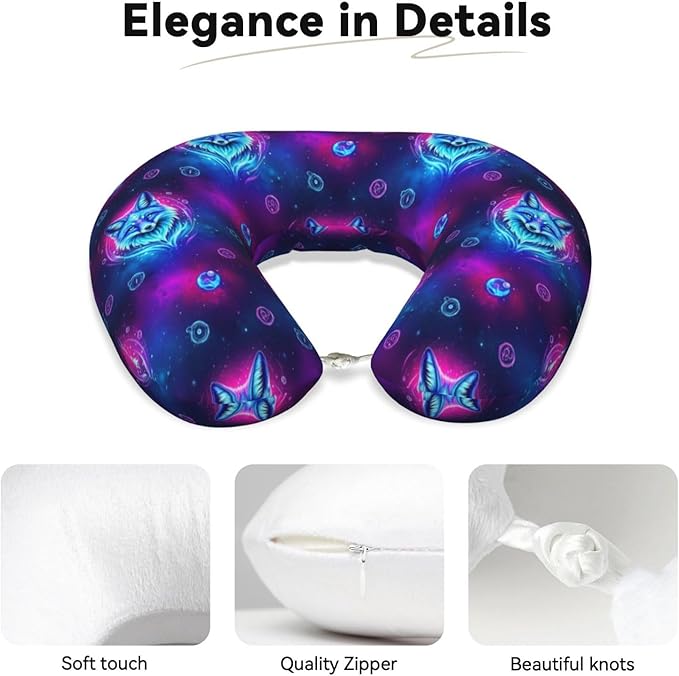Travel Neck Pillow for Pain Relief Sleeping, Purple Blue Fox Galaxy Starry Sky, Comfortable Memory Foam Chin Head Cushion Support with Zip Cover, Fashion Car Flight Pillows