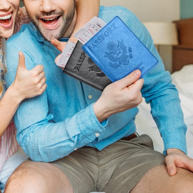 Eoehro Unisex-Adult Passport and Vaccine Card Holder Combo, Sky Blue, Faux Leather, RFID Protected