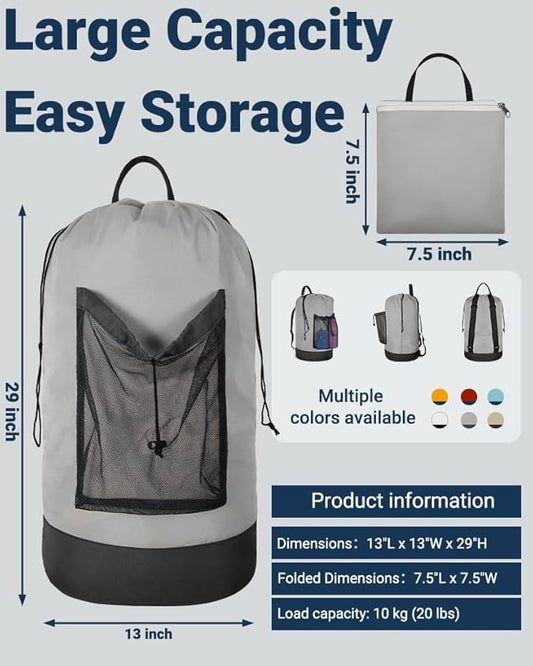 Laundry Bag with Shoulder Straps and Mesh Pocket Laundry Backpack Large Portable Laundry Hamper for College Laundromat Apartment