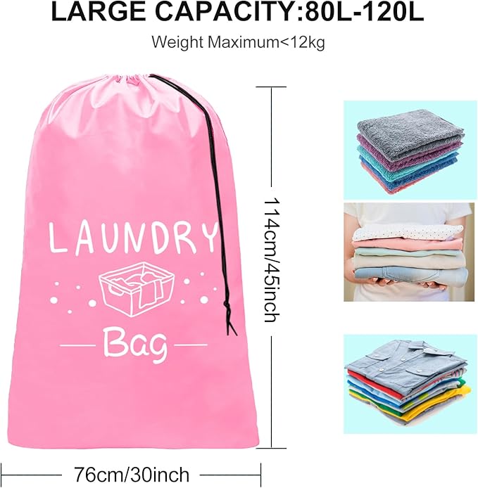 Sylfairy 2 Pack Extra Large Travel Laundry Bag, Dirty Clothes Organizer with Drawstring,Heavy Duty Travel Laundry Bags,Easy Fit a Laundry Hamper Travel Essentials (Pink+Blue, 24" x 36")