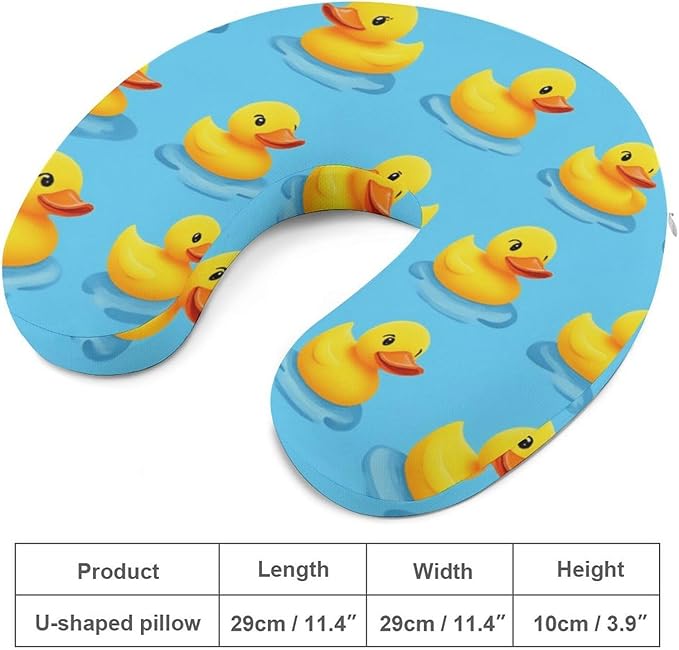 Breathable Memory Foam Neck Pillow, Cute Funny Yellow Duck Rubber Ducky Sky Blue U-Shaped, Head Support U-Shape Compact for Airplane Train Travel, Machine Washable Cover
