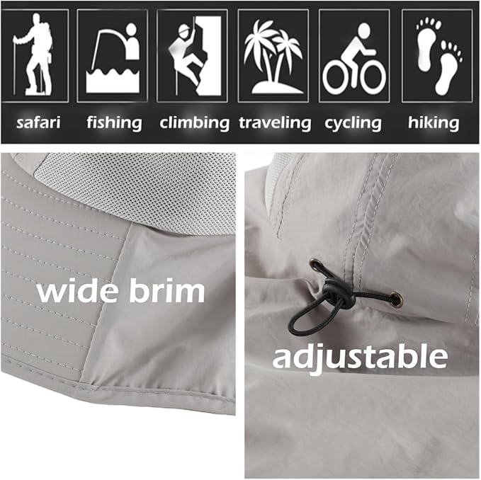 LLmoway Wide Brim Sun Hat with Neck Flap for Men Women Summer Outdoor UV Protection Breathable Fishing Hats with Strap