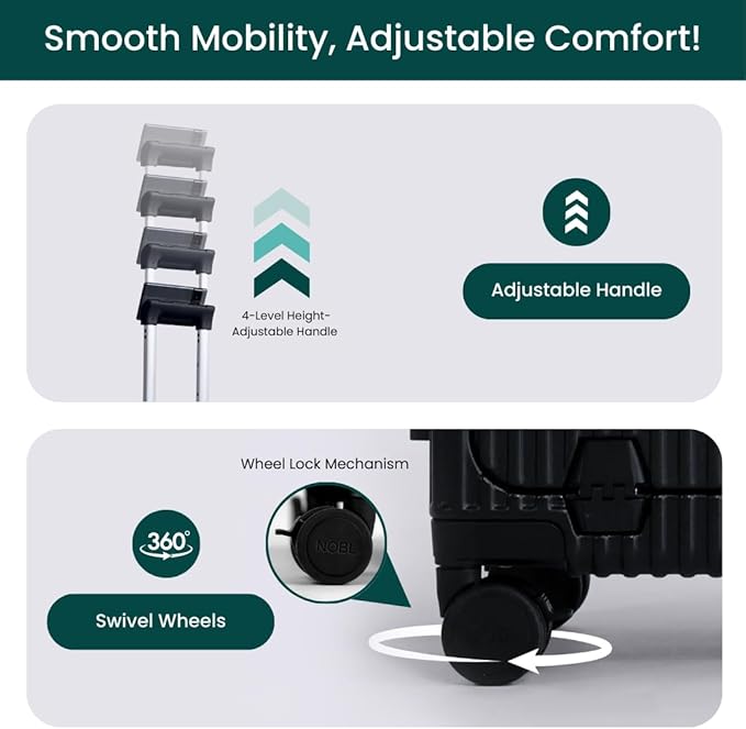 NOBL Travel Carry On Luggage, Noble Zipperless Aluminum Frame PC Hard Shell Suitcase, 20.8"x15"x8.7" Airline Approved, 360° Spinner Wheels, TSA Locks, USB Charging Port, Cup & Phone Holder - Jet Black