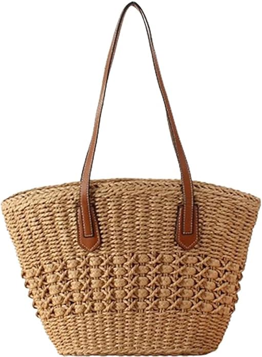 Womens Straw Tote Handbag - Summer Beach Bag with Top Handle - Handwoven Shoulder Bag - 2024