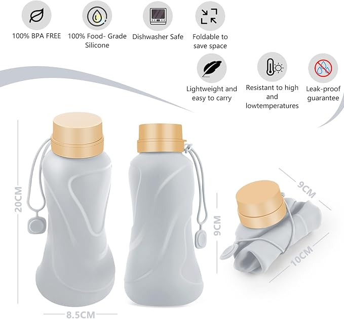 Collapsible Water Bottles,650ml,Leak Proof,Reuseable BPA Free Silicone Foldable Water Bottles,Durable Lightweight for Travel Gym Camping Hiking,Compact Size Portable Sports Water Bottle (Grey)
