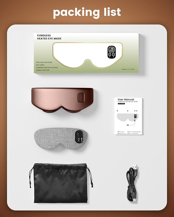 Heated Eye Mask - Cordless Eye Mask for Dry Eyes, Eye Relief, Improved Sleep, Timed Shutdown, 4 Temperature, Washable Eye Heating Pad for Travel, Removable for Cleaning - Brown