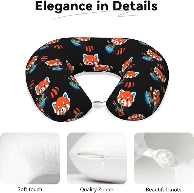 Unique Travel U Shaped Pillows Red Panda Eating Ramen for Airplanes Car Flight, Comfortable Chin Head Neck Cushion Supporting, Polyester Removable Cover