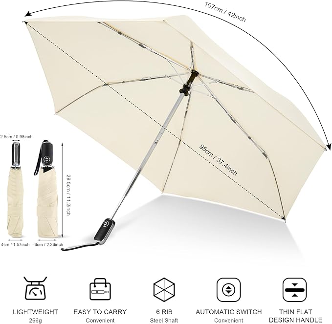 LEAGERA Compact Travel Umbrella for Purse - Flat Handle, Waterproof for Light Rain