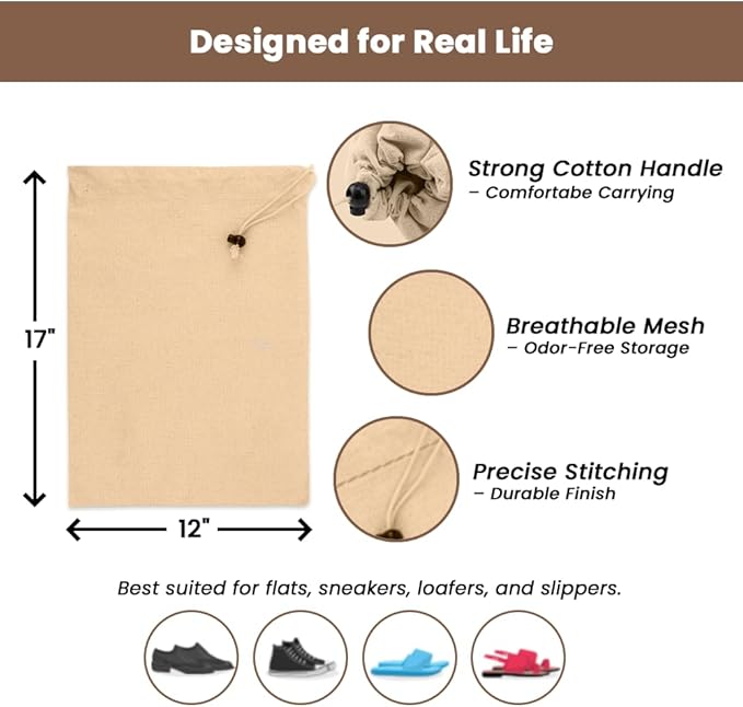 LFH Cotton Shoe Storage Bags with Drawstring, Dustproof Breathable Reusable Organizer, Perfect For Travel, Dorm, Hotel, College, Gym, Easy to Carry, Machine Washable 12"x17" (Pack of 2) - Natural