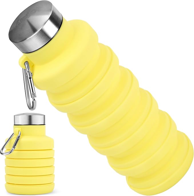 Collapsible Water Bottle, 16oz Portable Reusable Silicone Water Bottle, BPA-Free Leak-Proof Foldable Design with Carabiner, Lightweight Durable for Gym, Travel, Camping, Hiking, Sports, Yellow