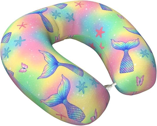 Neck Pillow Memory Foam Chin Cushion with Breathable Cover Magic Glitter Pink Mermaid Tail, Cute Airplane Car Pillows for Office Head Pain Relief