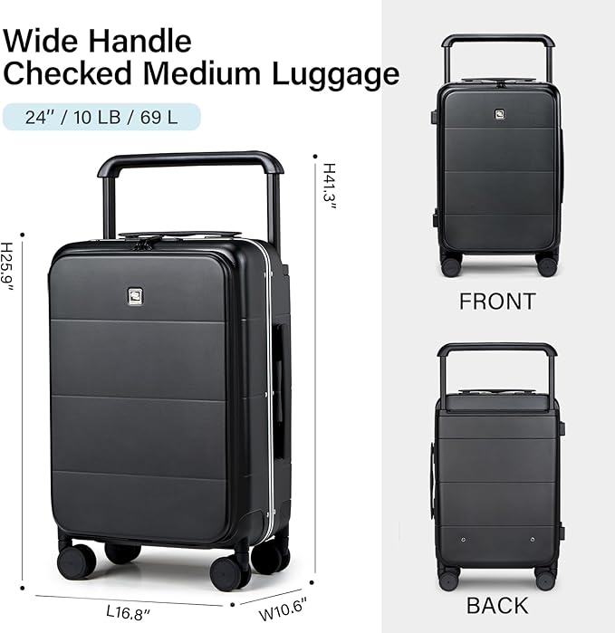 Hanke Top Opening 24 Inch Luggage with Spinner Wheels, Aluminum Frame All-PC Hard Shell Medium Suitcase, Zipperless Trunk Wide Handle Luggage, TSA Checked-Medium(Jet Black, 69L)
