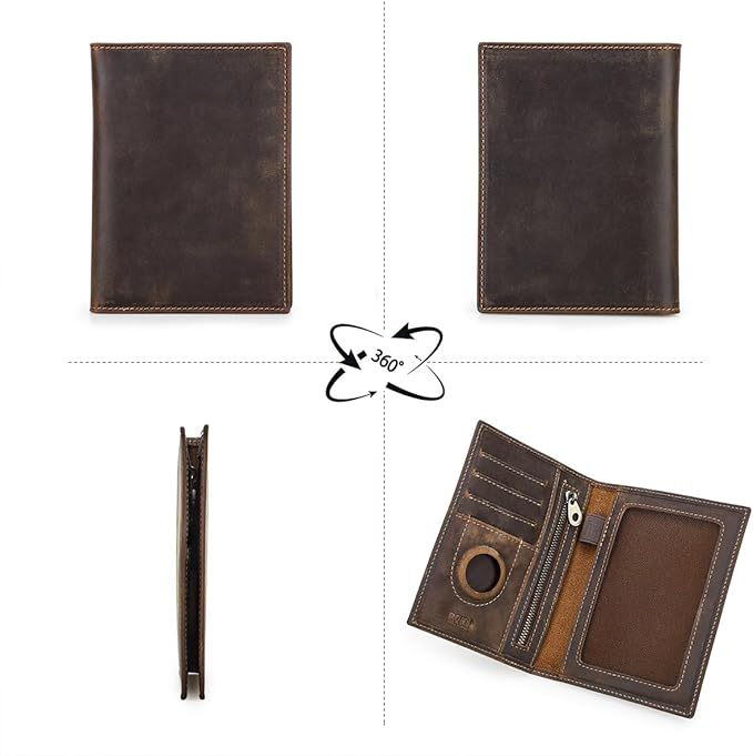 CONTACTS Full Grain Leather Airtag Passport Holder RFID Blocking Travel Passport Wallet Slim Passport Cover Case with 4 Cards Slots, Coin Pocket (Brown)
