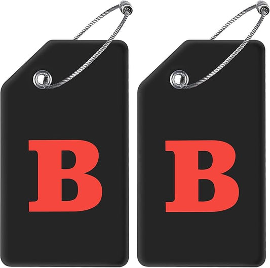 Gostwo 2 Pack Silicone Luggage Tags for Suitcases, 26 Initial Letter Baggage Labels Handbag School Bag Suitcase Instrument Tag with Stainless Steel Loop(Black & White) (Letter B)