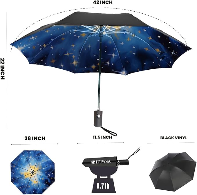 SIEPASA Compact Travel Umbrella - Windproof Auto Open/Close, Lightweight Folding Umbrella wIth Fiberglass Frame & Waterproof Canopy. Fits Backpack/Purse. (Nebulas)