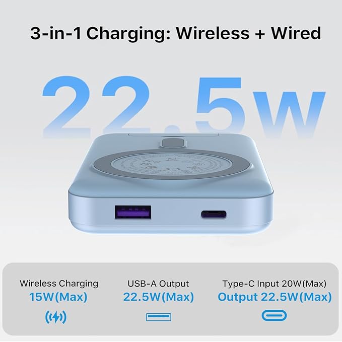 Magnetic Power Bank, 10000mAh Portable Charger, 22.5W Fast Wireless Battery Pack with LED Display, Portable Phone Charger with Stand for iPhone 17/16/15/14/13 Series (Blue)