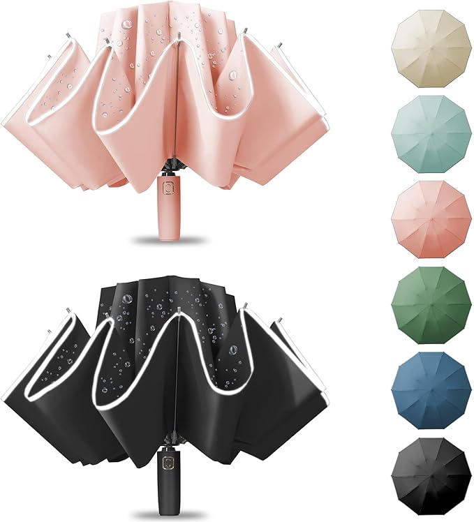 Large Windproof Travel Umbrella, Portable Reverse Folding Car Umbrella, Compact Inverted Design with Waterproof Canopy, Automatic, 10 Durable Ribs, 45.6/13 Inch, Fits Backpack