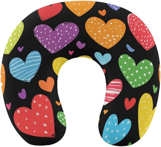 Soft Polyester Travel Neck Pillow, LGBT Pride Rainbow Hearts U-Shaped, Cervical Support Compact for Bus Airplane Rest, Machine Washable Breathable Design