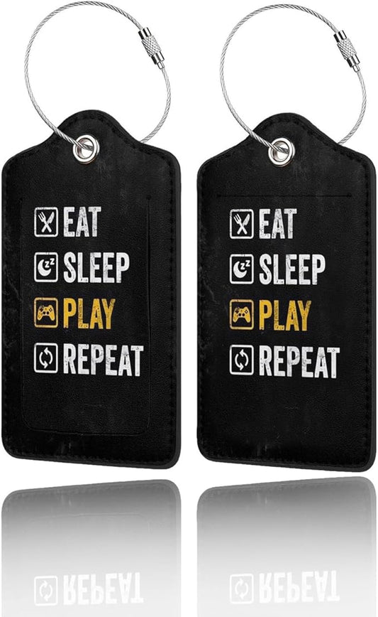 2 Pack Luggage Tags for Suitcase, Privacy Cover ID Label with Stainless Steel and Address Card for Travel Bag Backpack Cruise Ship Essentials Tag Men Boys - Eat Sleep Play Repeat