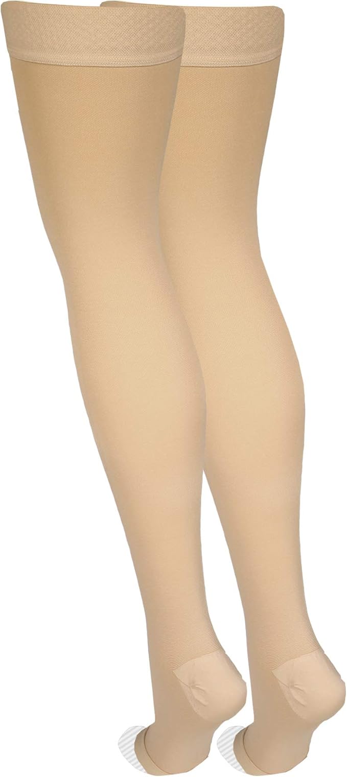 Amazon Basic Care Compression Stockings, 20-30 mmHg, Women & Men, Thigh Length | Open Toe | Beige | Small | Pack of 2