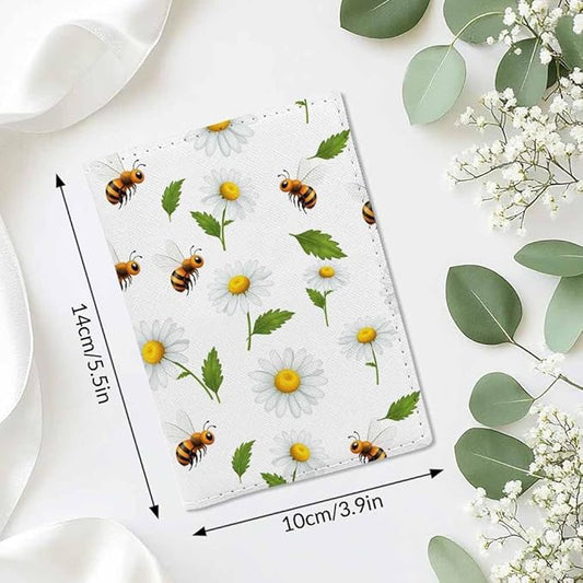 Bees and Flowers Passport Holder for Travel White Camomile Daisies Honey PU Leather Passport Cover Wallet Cute Passport Card Holder for Women and Men