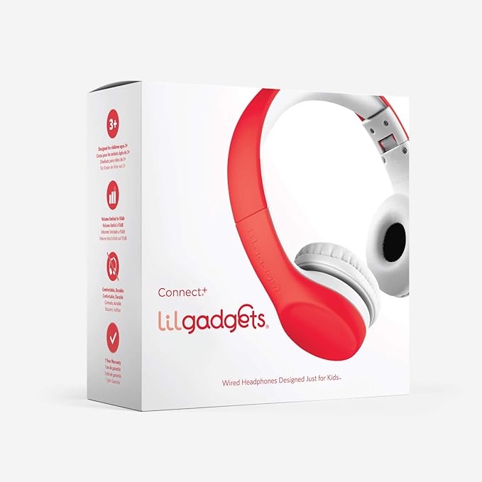LilGadgets Connect+ Foldable Headphones, Adjustable Fit Soft Touch Padding for Kids with Mic, Volume-Limited & Noise Reduction On-Ear Wired Headset for School with SharePort - Red, Ages 3-14