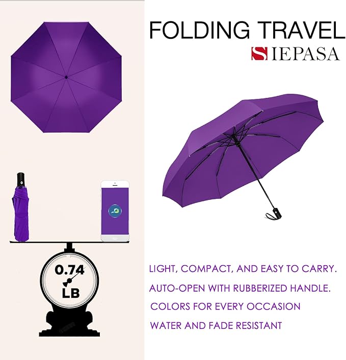 SIEPASA Windproof Travel Compact Umbrella-Automatic Umbrellas for Rain-Compact Folding Umbrella, Travel Umbrella Compact, Small Portable Windproof Umbrellas for Men Women Teenage. (Purple)