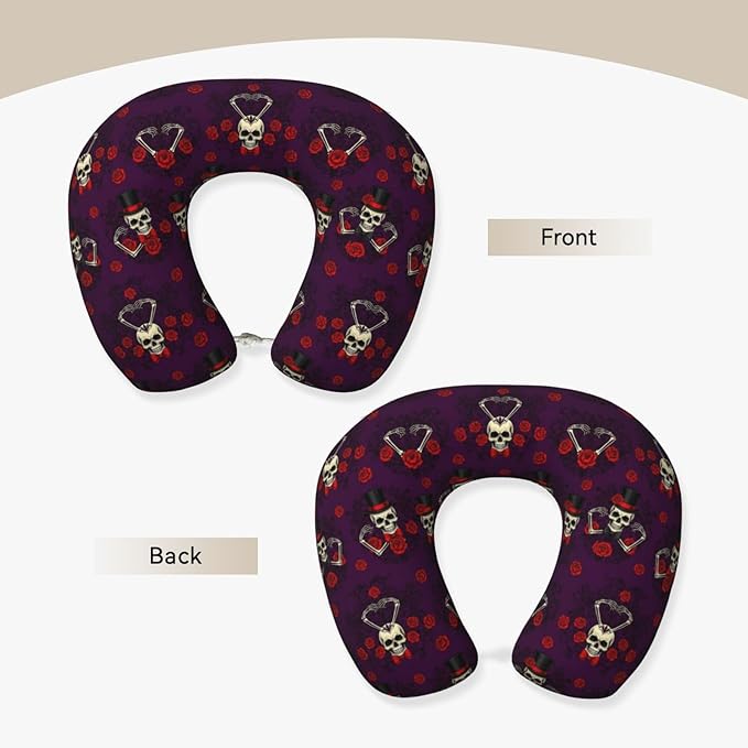 Neck Pillows for Travel Mexican Sugar Skulls Day of The Dead Red Roses Magic Hat, Women and Men Airplane Car Pillow, Neck Support U Shaped Pillow for Rest Pain Relief Sleeping