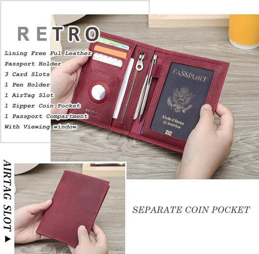 CONTACTS Full Grain Leather Airtag Passport Holder RFID Blocking Travel Passport Wallet Slim Passport Cover Case with 4 Cards Slots, Coin Pocket (Wine Red)